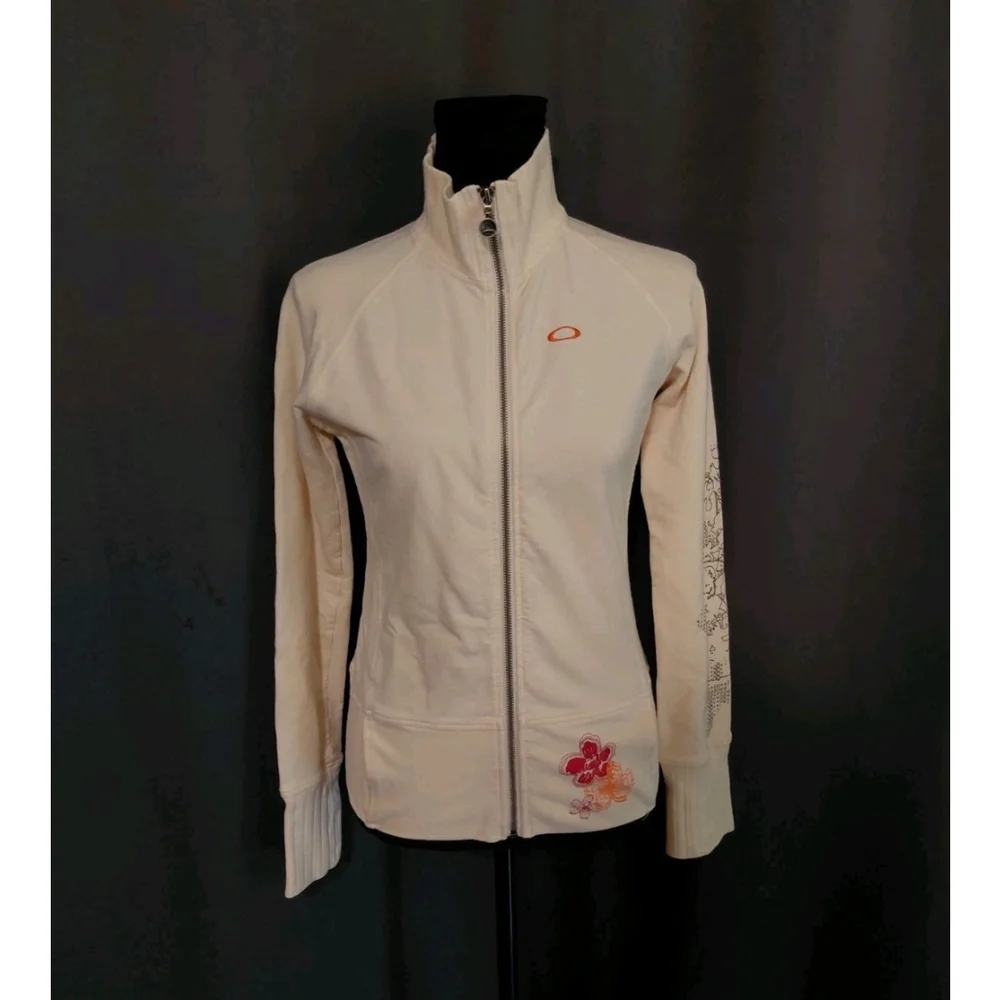 Oakley Woman’s Vintage Zip Up Size XS Cream Orange Tropical Floral Embroidery